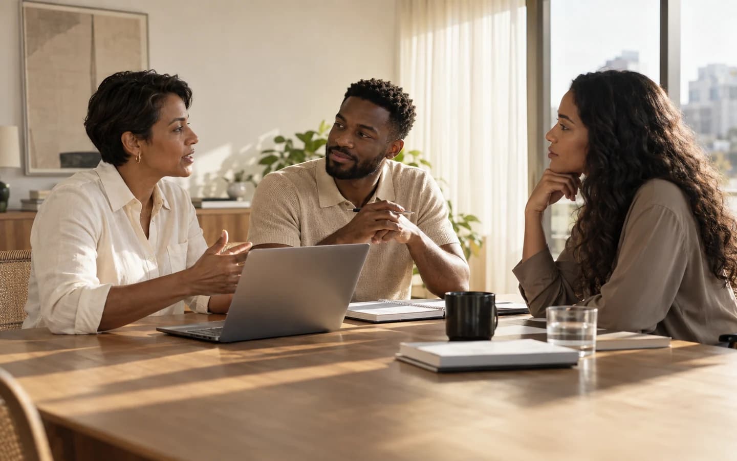 Três profissionais conversam ao redor de uma mesa em um escritório iluminado.